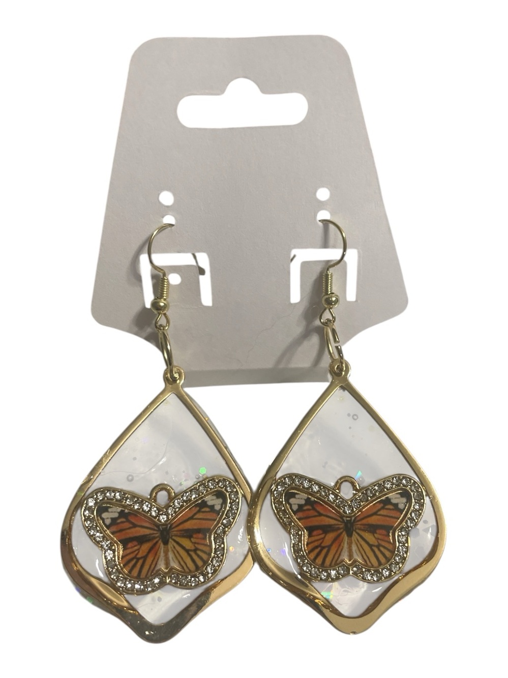 Gold Teardrop Butterfly Dangle Earrings - Orange Butterfly Accent